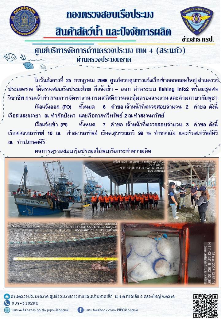 ผลการปฏิบัติงานของศูนย์ควบคุมการแจ้งเรือเข้าออกคลองใหญ่ ด่านตรวจประมงตราด ประจำวันที่ 25 กรกฎาคม 2566..คลิก