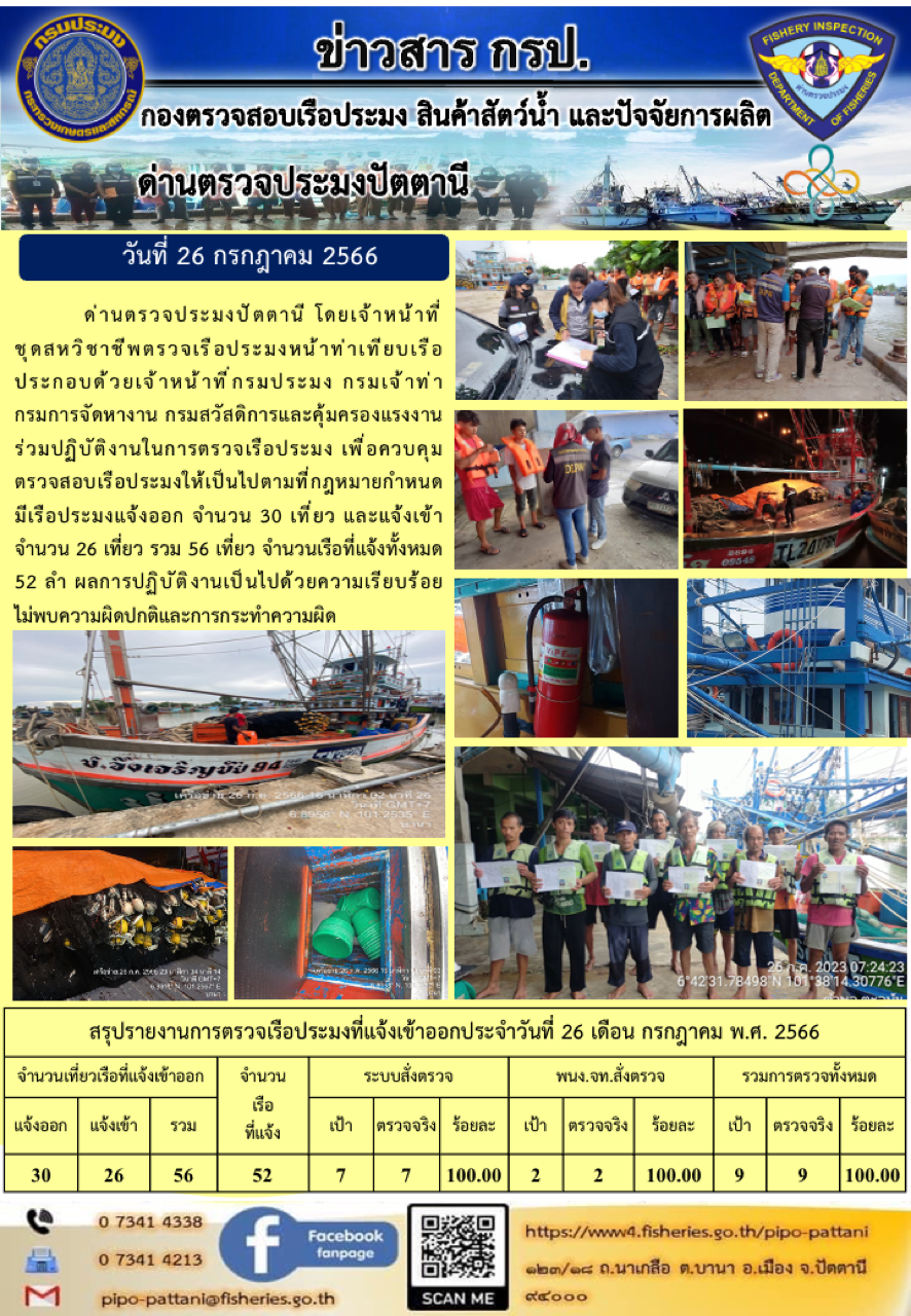ข่าวสารการปฏิบัติงาน ด่านตรวจประมงปัตตานี วันที่ 26 กรกฎาคม 2566..คลิก
