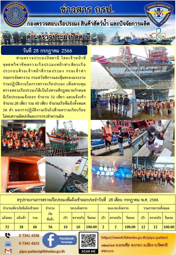 ข่าวสารการปฏิบัติงาน ด่านตรวจประมงปัตตานี วันที่ 28 กรกฎาคม 2566..คลิก