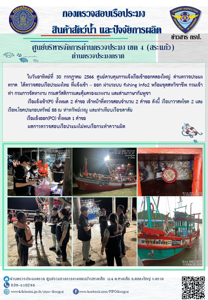 ผลการปฏิบัติงานศูนย์ควบคุมการแจ้งเรือเข้าออกคลองใหญ่ ด่านตรวจประมง ประจำวันที่ 30 กรกฎาคม 2566..คลิก