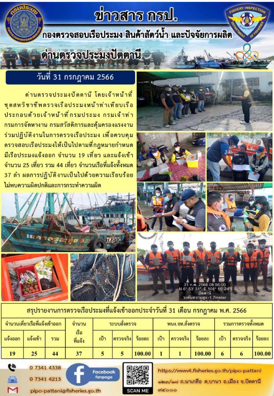 ข่าวสารการปฏิบัติงาน ด่านตรวจประมงปัตตานี วันที่ 31 กรกฎาคม 2566..คลิก