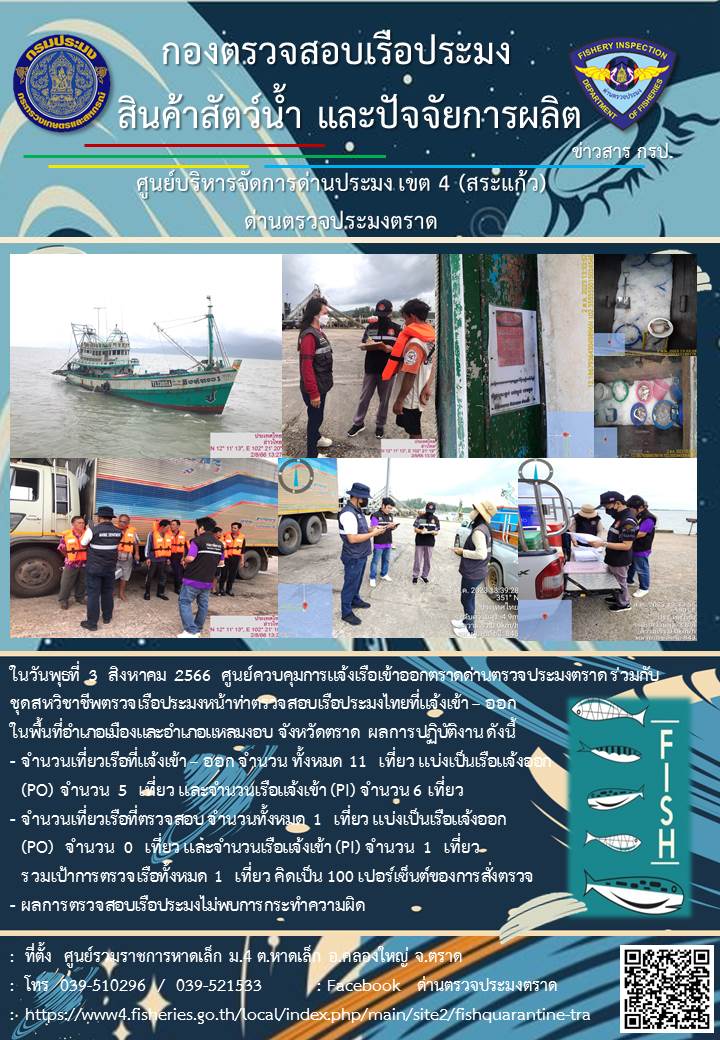 ผลการปฏิบัติงานของศูนย์ควบคุมการแจ้งเรือเข้าออกตราด ด่านตรวจประมงตราด ประจำวันที่ 3 สิงหาคม 2566..คลิก