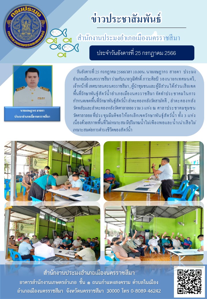 ประมงอำเภอเมืองนครราชสีมาจัดประชุมเพื่อปรับปรุงพิจารณาเขตพื้นที่รักษาพันธุ์สัตว์น้ำ บริเวณลำตะคองหลังวัดสามัคคี ลำตะคองหลังวัดพลับ และลำตะคองหลังวัดศาลาลอย ณ ศาลาประชาคมชุมชนวัดศาลาลอย อำเภอเมืองนครราชสีมา..คลิก