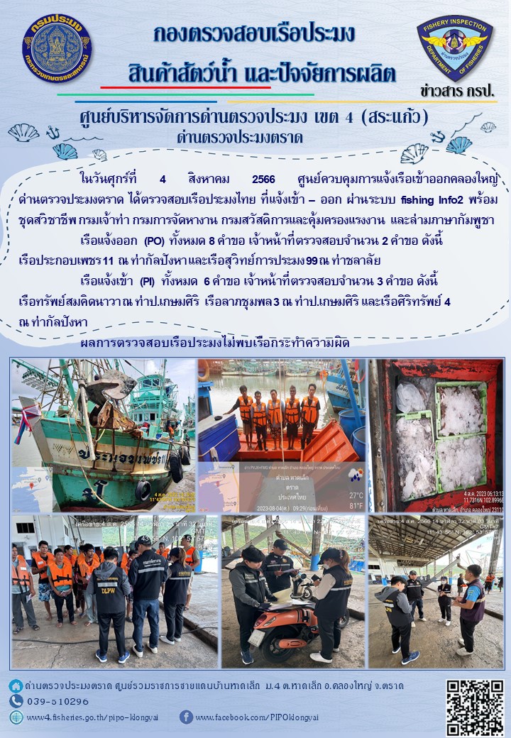 ผลการปฏิบัติงานของศูนย์ควบคุมการแจ้งเรือเข้าออกคลองใหญ่ ด่านตรวจประมงตราด ประจำวันที่ 4 สิงหาคม 2566..คลิก