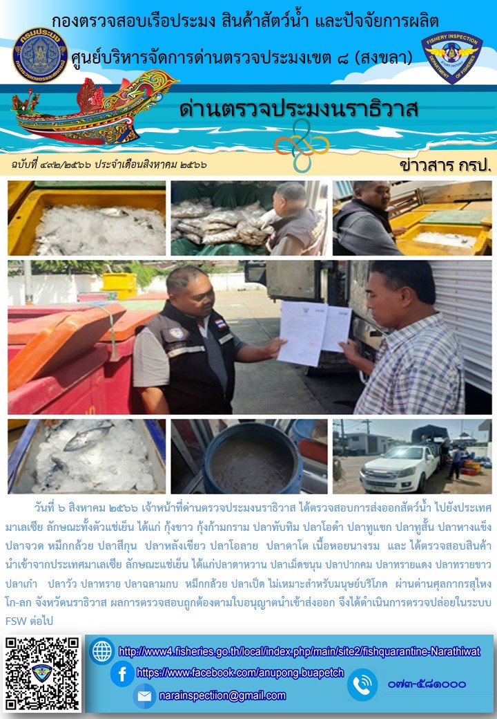 ประชาสัมพันธ์ด่านตรวจประมงนราธิวาส ประจำวันที่ 6 สิงหาคม 2566..คลิก