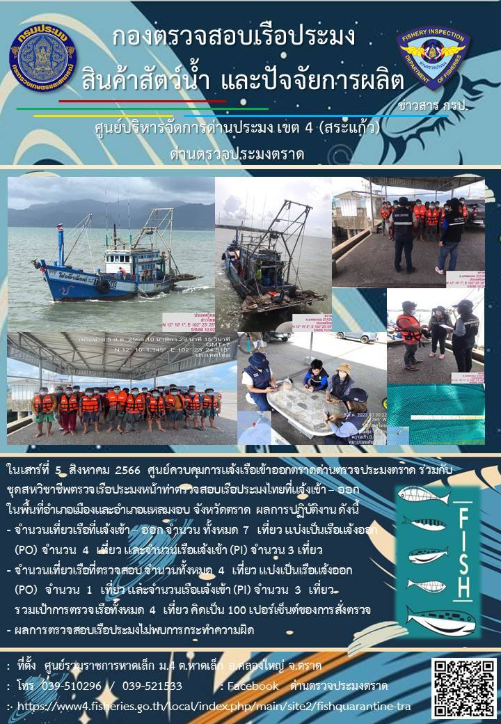 ผลการปฏิบัติงานศูนย์ควบคุมการแจ้งเรือเข้าออกตราด ด่านตรวจประมงตราด ประจำวันที่ 5 สิงหาคม 2566..คลิก