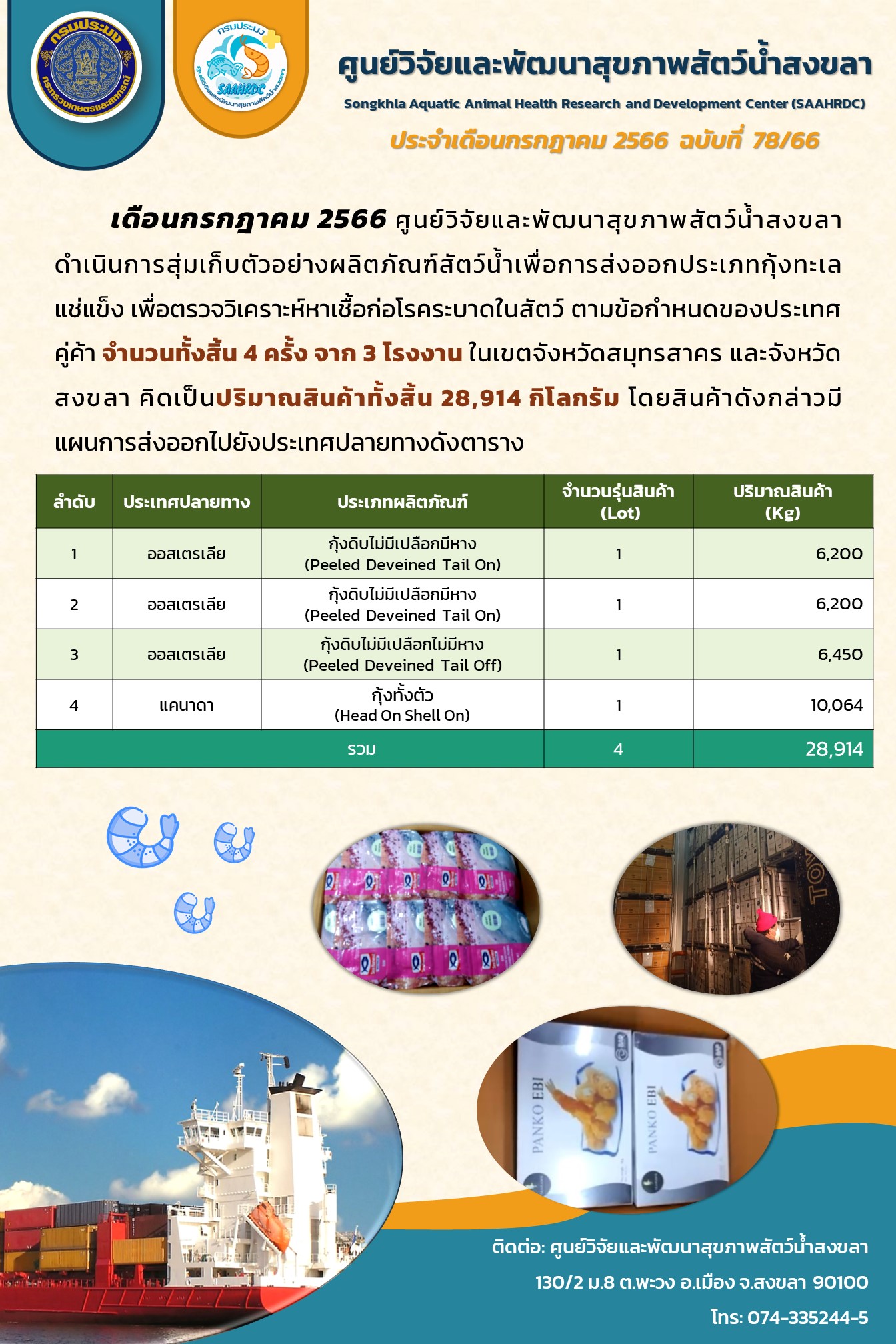 ฉบับที่ 78/66 ศูนย์วิจัยและพัฒนาสุขภาพสัตว์น้ำสงขลา ดำเนินการสุ่มเก็บตัวอย่างผลิตภัณฑ์สัตว์น้ำเพื่อการส่งออกประเภทกุ้งทะเล แช่แข็ง..คลิก