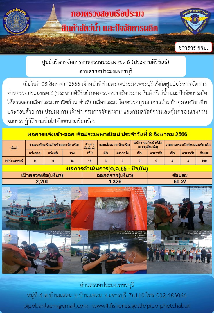 ข่าวประชาสัมพันธ์ ด่านตรวจประมงเพชรบุรี สถิติเรือที่แจ้งเข้า - ออก ประจำวันที่ 9 ส.ค. 2566..คลิก