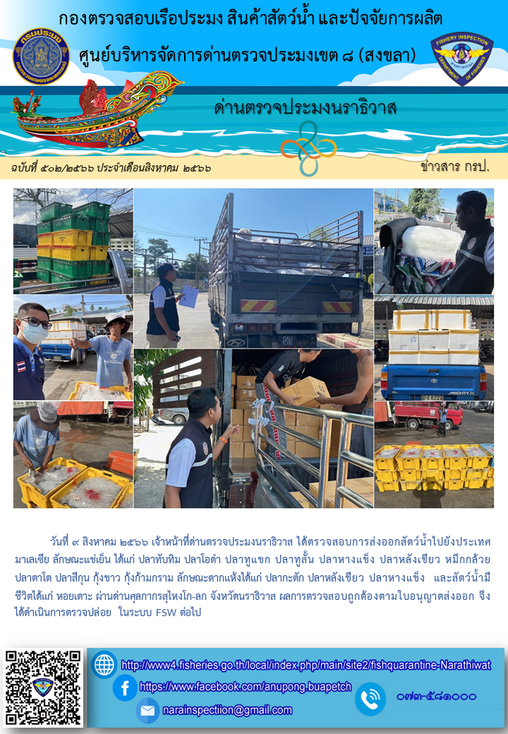 ประชาสัมพันธ์ด่านตรวจประมงนราธิวาส ประจำวันที่ 9 สิงหาคม 2566..คลิก