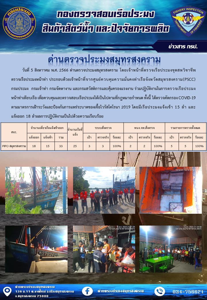 สถิติการแจ้งเข้า - ออกเรือประมงพาณิชย์ ด่านตรวจประมงสมุทรสงคราม ประจำวันที่ 5 สิงหาคม 2566..คลิก