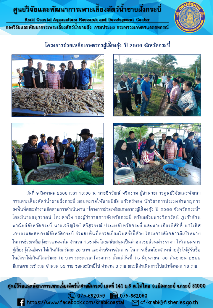 ลงพื้นที่ติดตามการดำเนินงาน “โครงการช่วยเหลือเกษตรกรผู้เลี้ยงกุ้ง ปี 2566 จังหวัดกระบี่”..คลิก