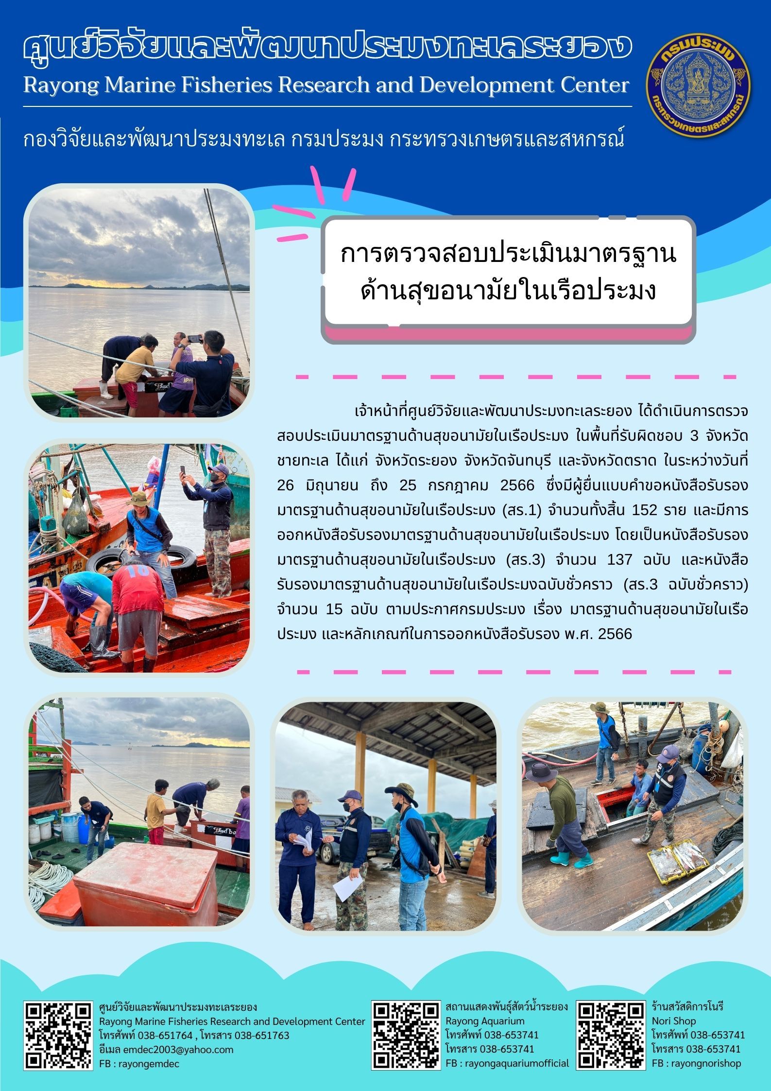 เจ้าหน้าที่ศูนย์วิจัยและพัฒนาประมงทะเลระยอง ได้ดำเนินการตรวจสอบประเมินมาตรฐานด้านสุขอนามัยในเรือประมง ในพื้นที่รับผิดชอบ 3 จังหวัด ชายทะเล ได้แก่ จังหวัดระยอง จังหวัดจันทรบุรี และจังหวัดตราด ในระหว่างวันที่ 26 มิถุนายน ถึง 25 กรกฎาคม 2566 ซึ่งมีผู้ยื่นแบบคำขอหนังสือรับรองมาตรฐานด้านสุขอนามัยในเรือประมง โดยเป็นหนังสือรับรองมาตรฐานด้านสุขอนามัยในเรือประมง (สร.3) จำนวน 137 ฉบับ และหนังสือรับรองมาตรฐานด้านสุขอนามัยในเรือประมงฉบับชั่วคราว (สร.3 ฉบับชั่วคราว) จำนวน 15 ฉบับ ตามประกาศกรมประมง เรื่อง มาตรฐานด้านสุขอนัมยในเรือประมง และหลักเกณฑ์ในการออกหนังสือรับรอง พ.ศ. 2566..คลิก