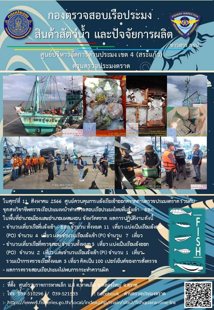 ผลการปฏิบัติงานของศูนย์ควบคุมการแจ้งเรือเข้าออกตราด ด่านตรวจประมงตราด ประจำวันที่ 11 สิงหาคม 2566..คลิก