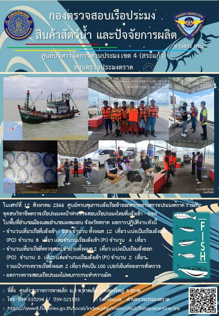 ผลการปฏิบัติงานของศูนย์ควบคุมการแจ้งเรือเข้าออกตราด ด่านตรวจประมงตราด ประจำวันที่ 12 สิงหาคม 2566..คลิก