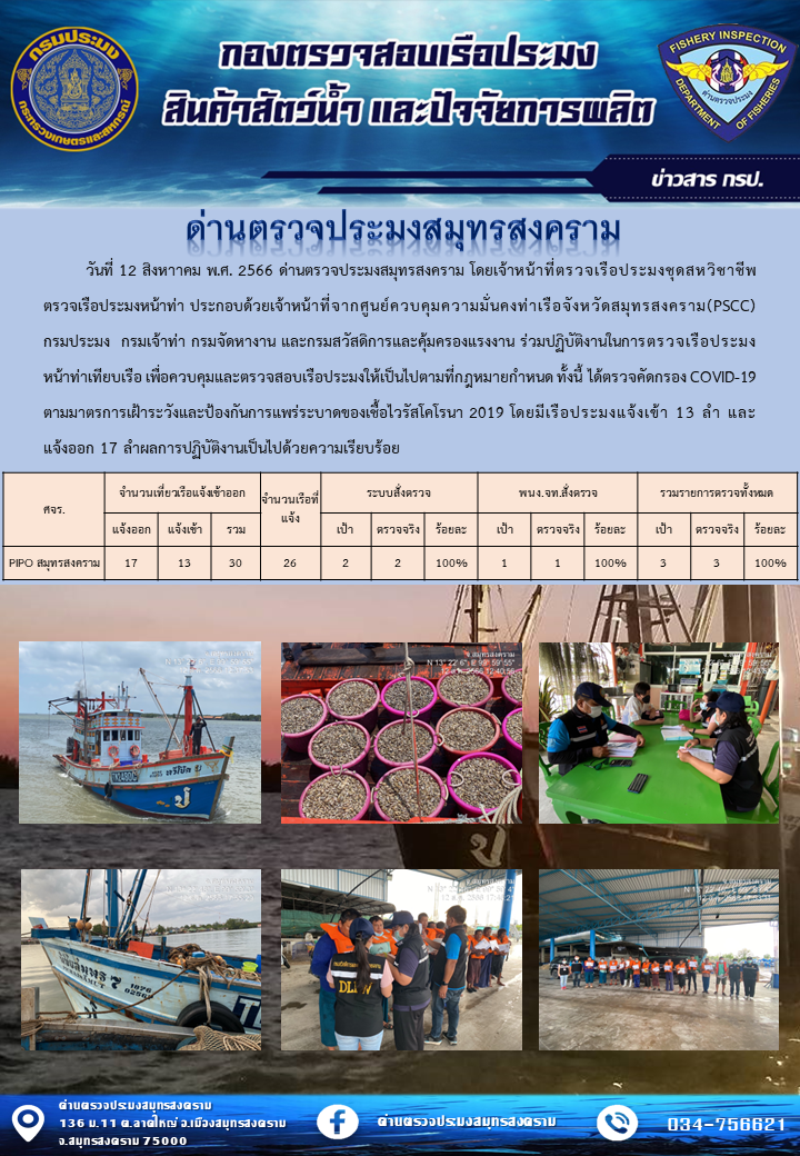 สถิติการแจ้งเข้า - ออกเรือประมงพาณิชย์ ด่านตรวจประมงสมุทรสงคราม ประจำวันที่ 12 สิงหาคม 2566..คลิก