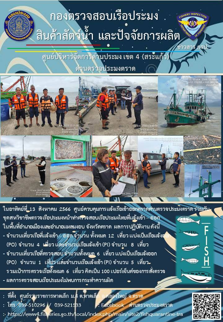 ผลการปฏิบัติงานของศูนย์ควบคุมการแจ้งเรือเข้าออกตราด ด่านตรวจประมงตราด ประจำวันที่ 13 สิงหาคม 2566..คลิก