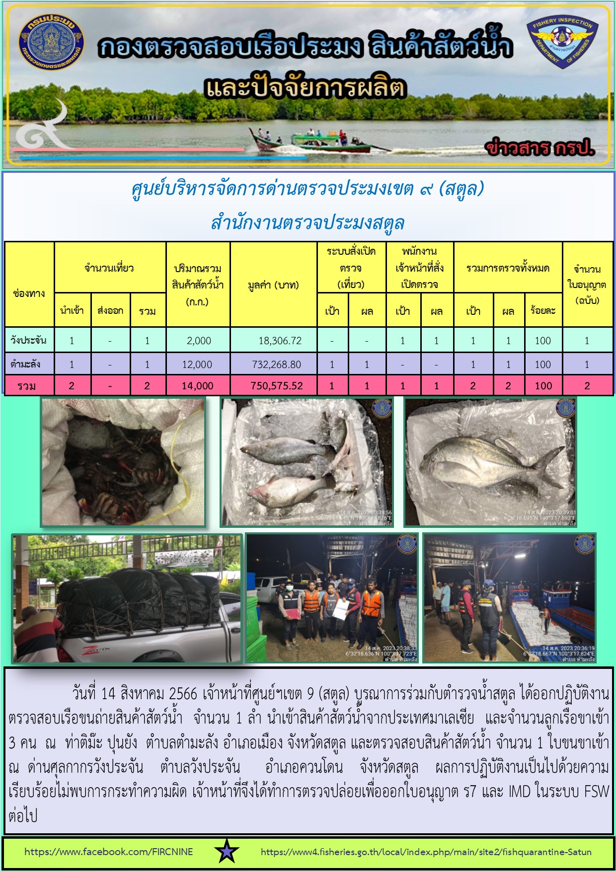 ประชาสัมพันธ์การปฏิบัติงานศูนย์บริหารจัดการด่านตรวจประมงเขต 9 (สตูล) ประจำวันที่ 11-15 สิงหาคม 2566..คลิก
