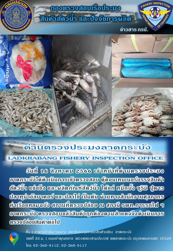 ตรวจสอบสินค้าสัตว์น้ำนำเข้าประจำวันที่ 16 สิงหาคม 2566..คลิก