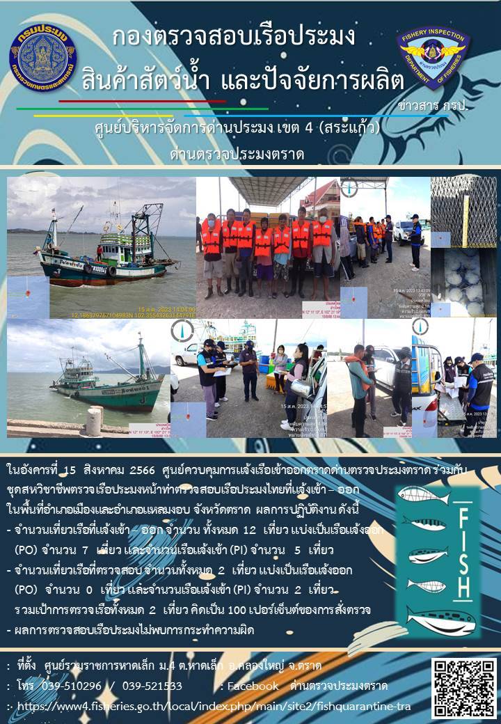 ผลการปฏิบัติงานของศูนย์ควบคุมการแจ้งเรือเข้าออกตราด ด่านตรวจประมงตราด ประจำวันที่ 15 สิงหาคม 2566..คลิก