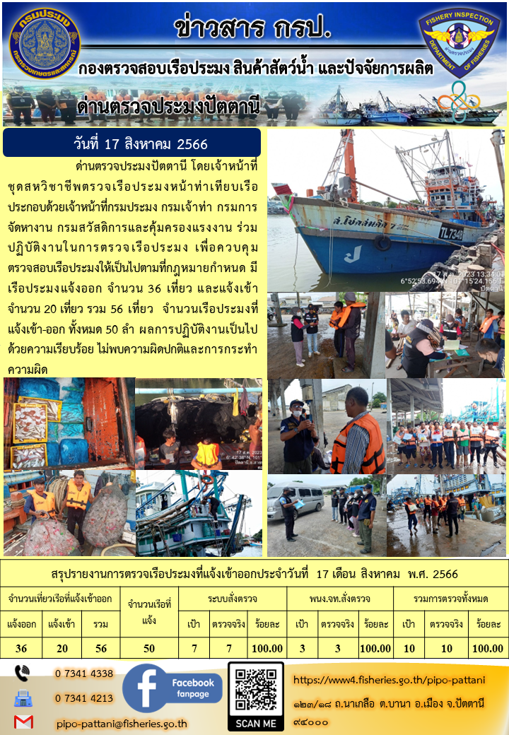 ข่าวสารการปฏิบัติงาน ด่านตรวจประมงปัตตานี วันที่ 17 สิงหาคม 2566..คลิก