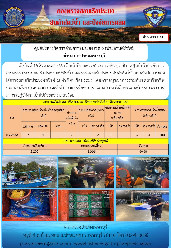 ข่าวประชาสัมพันธ์ ด่านตรวจประมงเพชรบุรี สถิติเรือที่แจ้งเข้า - ออก ประจำวันที่ 16 ส.ค. 2566..คลิก