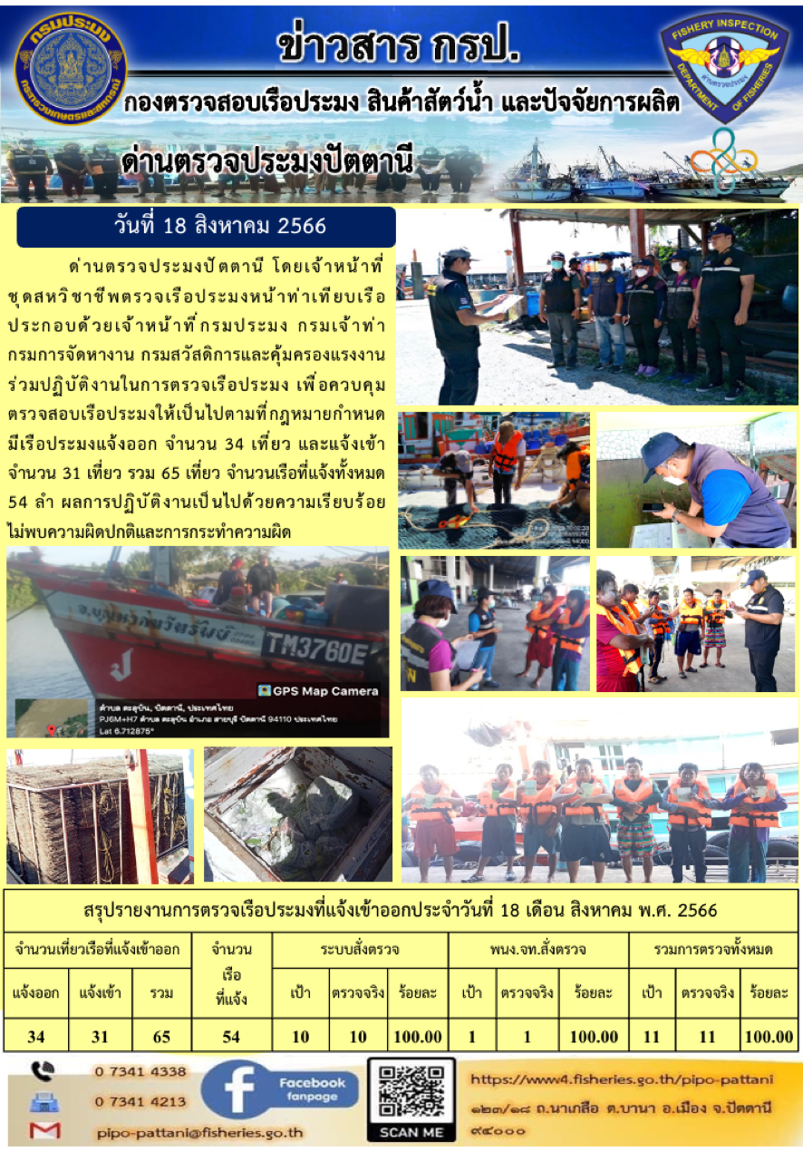 ข่าวสารการปฏิบัติงาน ด่านตรวจประมงปัตตานี วันที่ 18 สิงหาคม 2566..คลิก