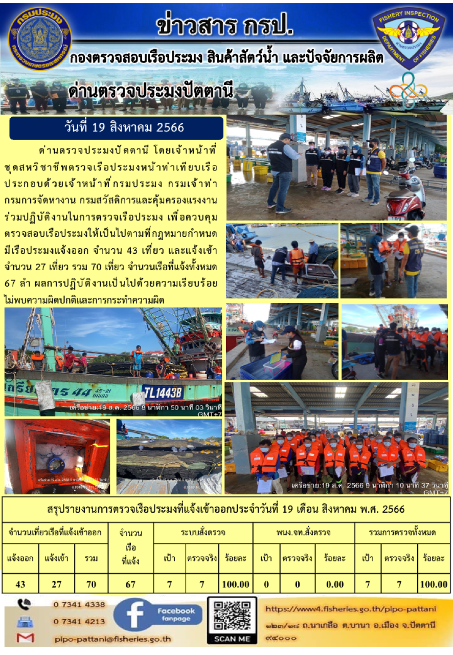 ข่าวสารการปฏิบัติงาน ด่านตรวจประมงปัตตานี วันที่ 19 สิงหาคม 2566..คลิก