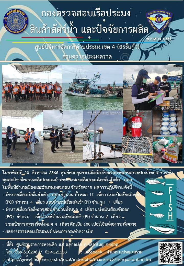 ผลการปฏิบัติงานของศูนย์ควบคุมการแจ้งเรือเข้าออกตราด ด่านตรวจประมงตราด ประจำวันที่ 20 สิงหาคม 2566..คลิก