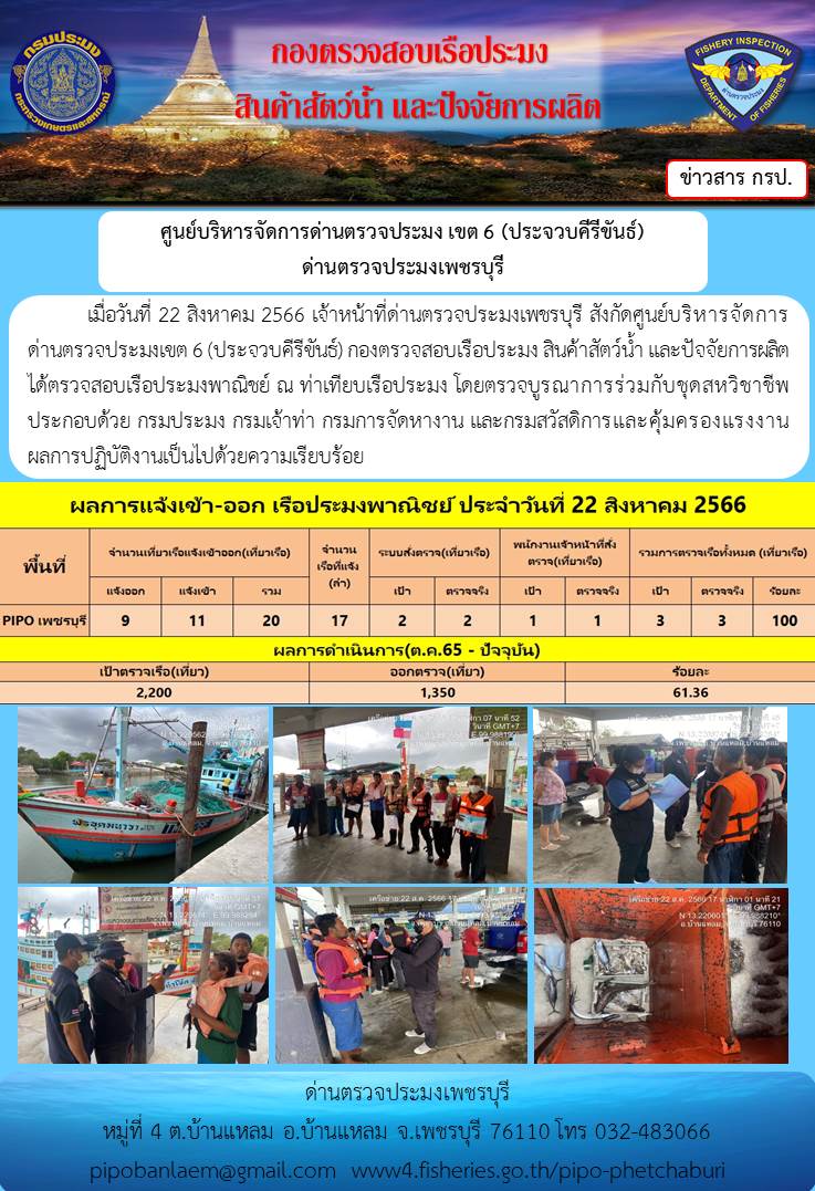 ข่าวประชาสัมพันธ์ ด่านตรวจประมงเพชรบุรี สถิติเรือที่แจ้งเข้า - ออก ประจำวันที่ 22 ส.ค. 2566..คลิก