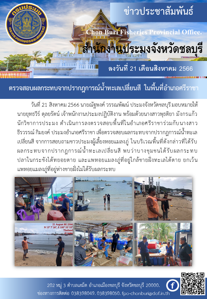 ตรวจสอบผลกระทบจากปรากฎการณ์น้ำทะเลเปลี่ยนสี ในพื้นที่อำเภอศรีราชา..คลิก