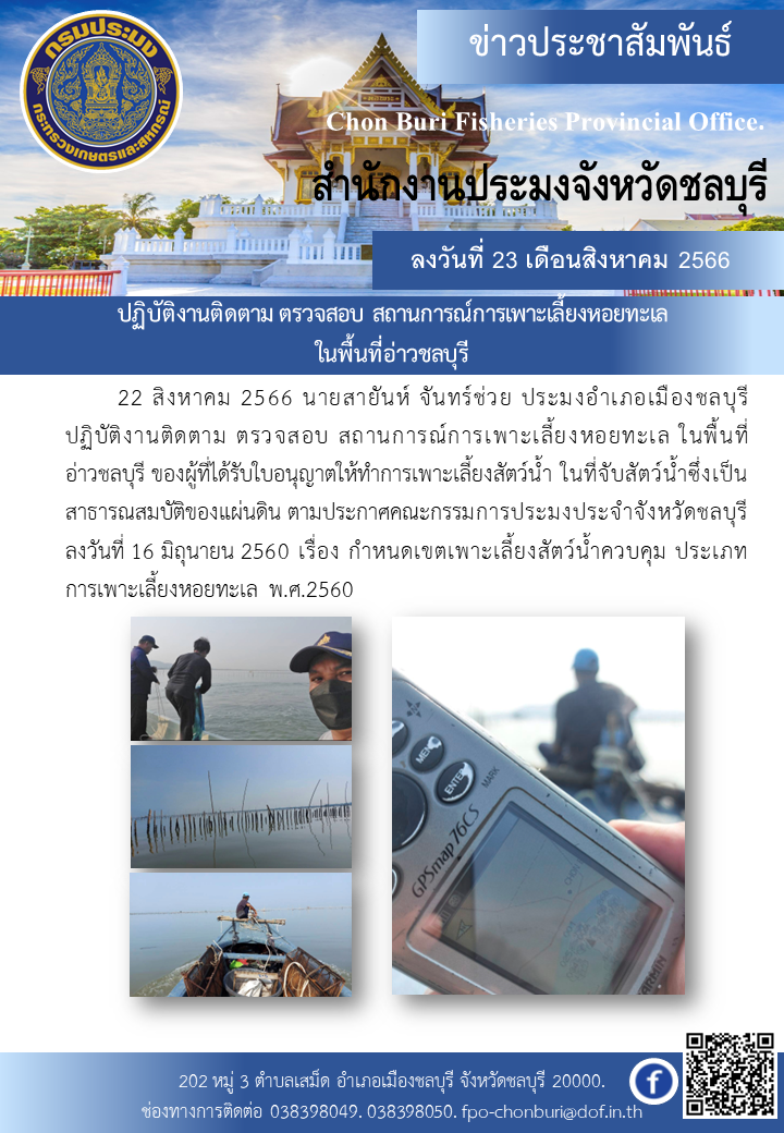 ปฏิบัติงานติดตาม ตรวจสอบ สถานการณ์การเพาะเลี้ยงหอยทะเลในพื้นที่อ่าวชลบุรี..คลิก