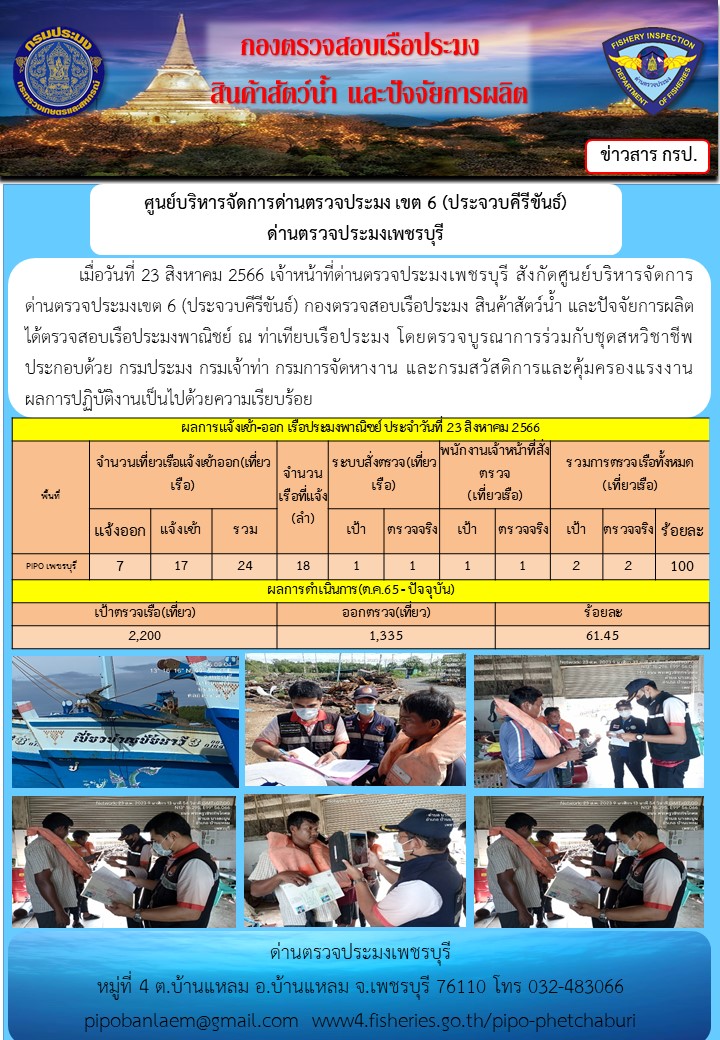 ข่าวประชาสัมพันธ์ ด่านตรวจประมงเพชรบุรี สถิติเรือที่แจ้งเข้า - ออก ประจำวันที่ 23 ส.ค. 2566..คลิก