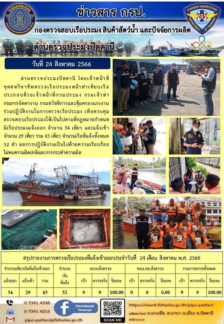 ข่าวสารการปฏิบัติงาน ด่านตรวจประมงปัตตานี วันที่ 24 สิงหาคม 2566..คลิก