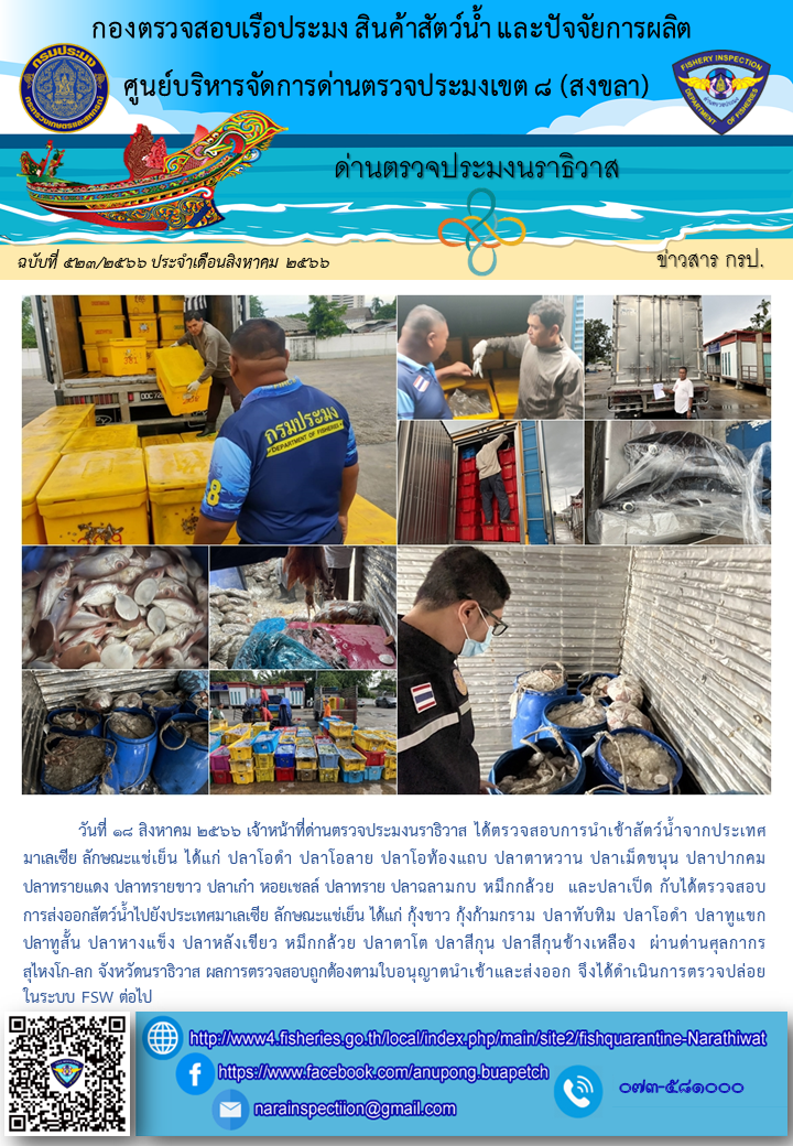 ประชาสัมพันธ์ด่านตรวจประมงนราธิวาส ประจำวันที่ 18 สิงหาคม 2566..คลิก