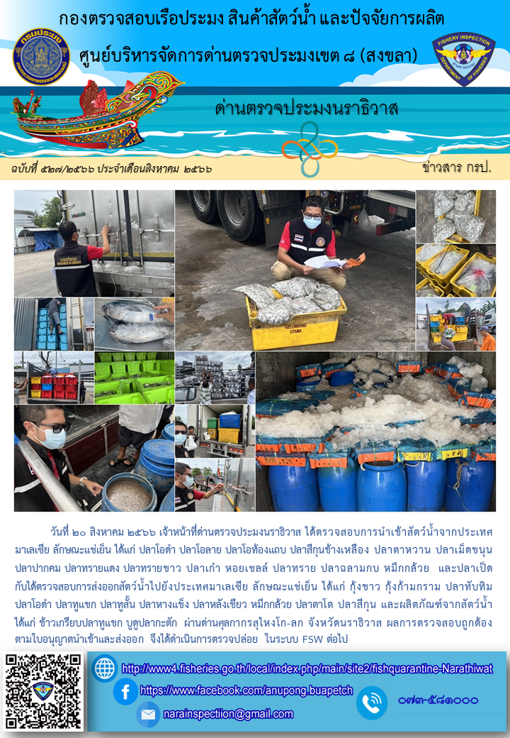 ประชาสัมพันธ์ด่านตรวจประมงนราธิวาส ประจำวันที่ 20 สิงหาคม 2566..คลิก