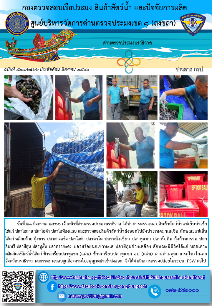 ประชาสัมพันธ์ด่านตรวจประมงนราธิวาส ประจำวันที่ 21 สิงหาคม 2566..คลิก