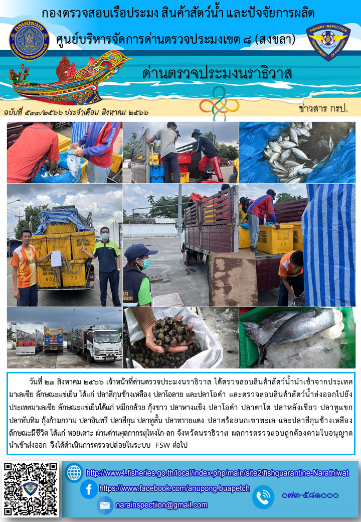 ประชาสัมพันธ์ด่านตรวจประมงนราธิวาส ประจำวันที่ 23 สิงหาคม 2566..คลิก