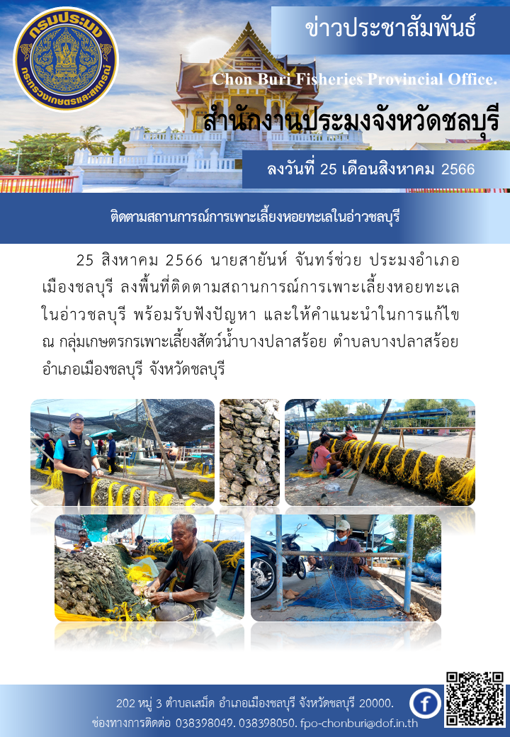 ติดตามสถานการณ์การเพาะเลี้ยงหอยทะเลในอ่าวชลบุรี..คลิก