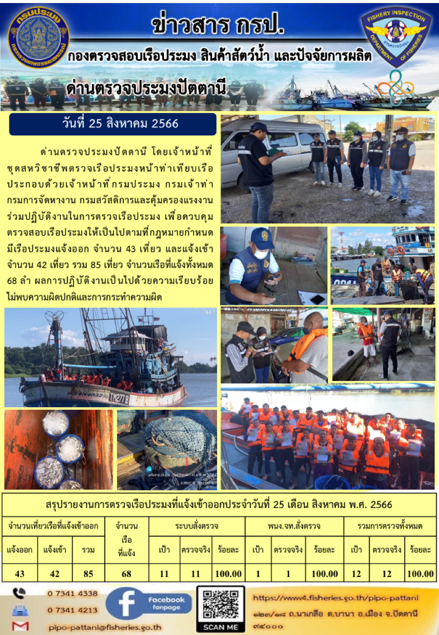 ข่าวสารการปฏิบัติงาน ด่านตรวจประมงปัตตานี วันที่ 25 สิงหาคม 2566..คลิก