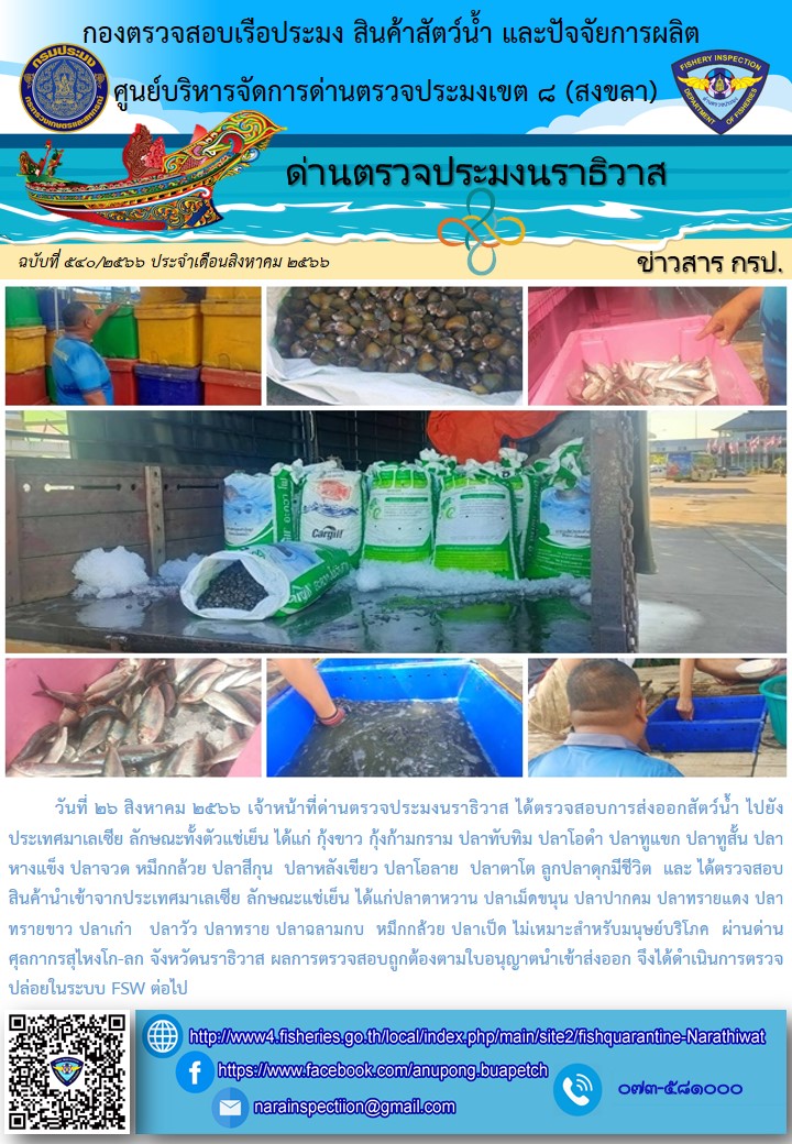 ประชาสัมพันธ์ด่านตรวจประมงนราธิวาส ประจำวันที่ 26 สิงหาคม 2566..คลิก