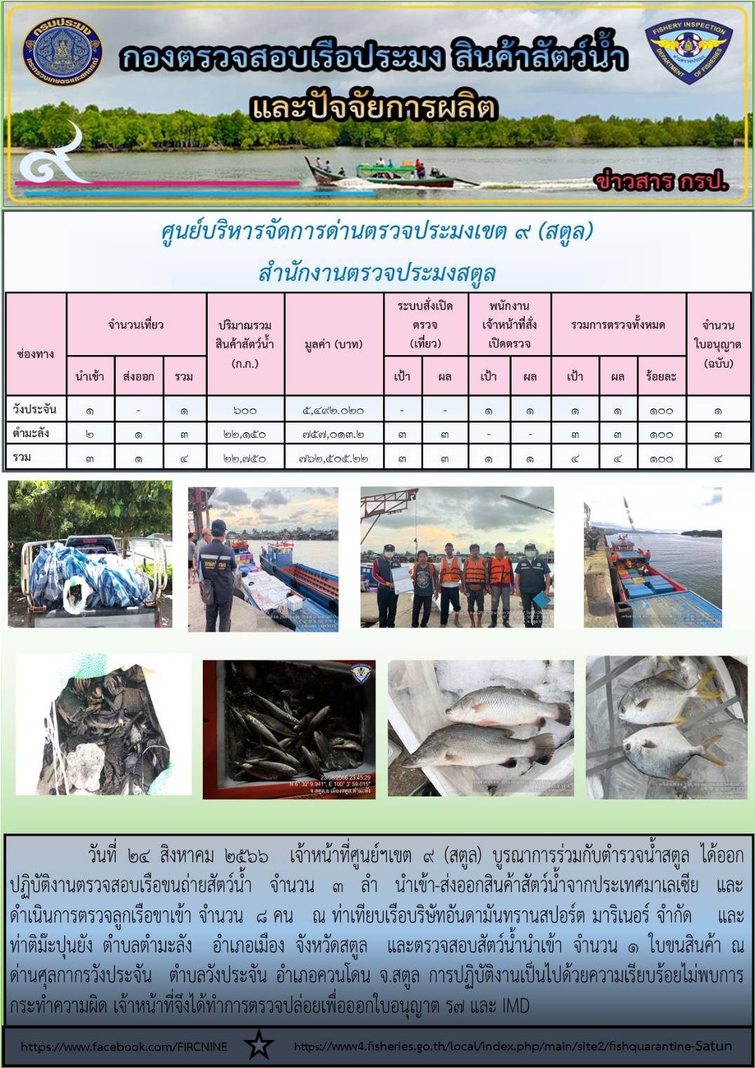 ประชาสัมพันธ์การปฏิบัติงานศูนย์บริหารจัดการด่านตรวจประมงเขต 9 (สตูล) ประจำวันที่ 21-25 สิงหาคม 2566..คลิก