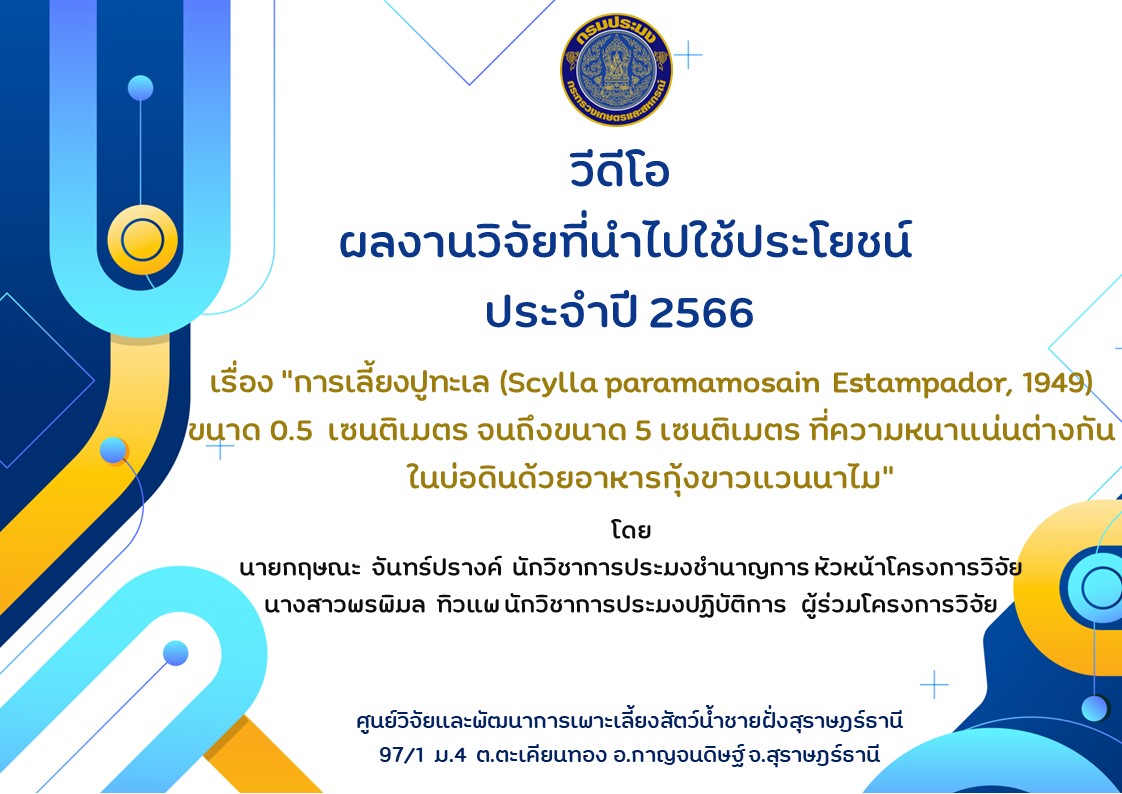 VDO ผลงานวิจัยที่นำไปใช้ประโยชน์ปี 2566  เรื่อง “การเลี้ยงปูทะเล (Scylla paramamosain Estampador, 1949) ขนาด 0.5  เซนติเมตร จนถึงขนาด 5 เซนติเมตร ที่ความหนาแน่นต่างกันในบ่อดินด้วยอาหารกุ้งขาวแวนนาไม”