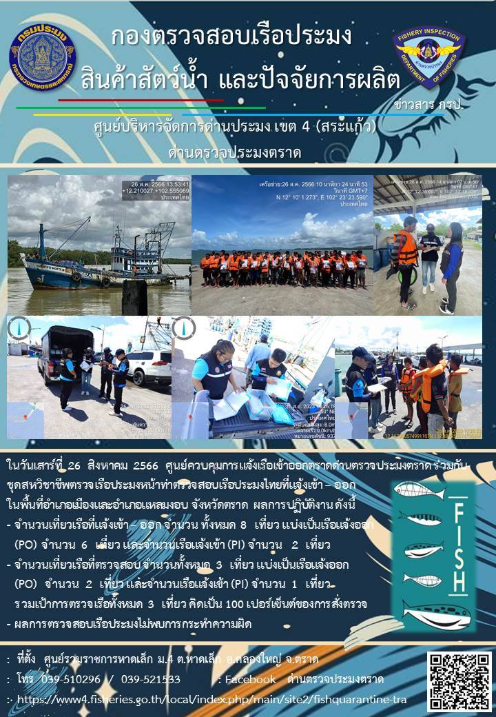 ผลการปฏิบัติงานของศูนย์ควบคุมการแจ้งเรือเข้าออกตราด ด่านตรวจประมงตราด ประจำวันที่ 26 สิงหาคม 2566..คลิก