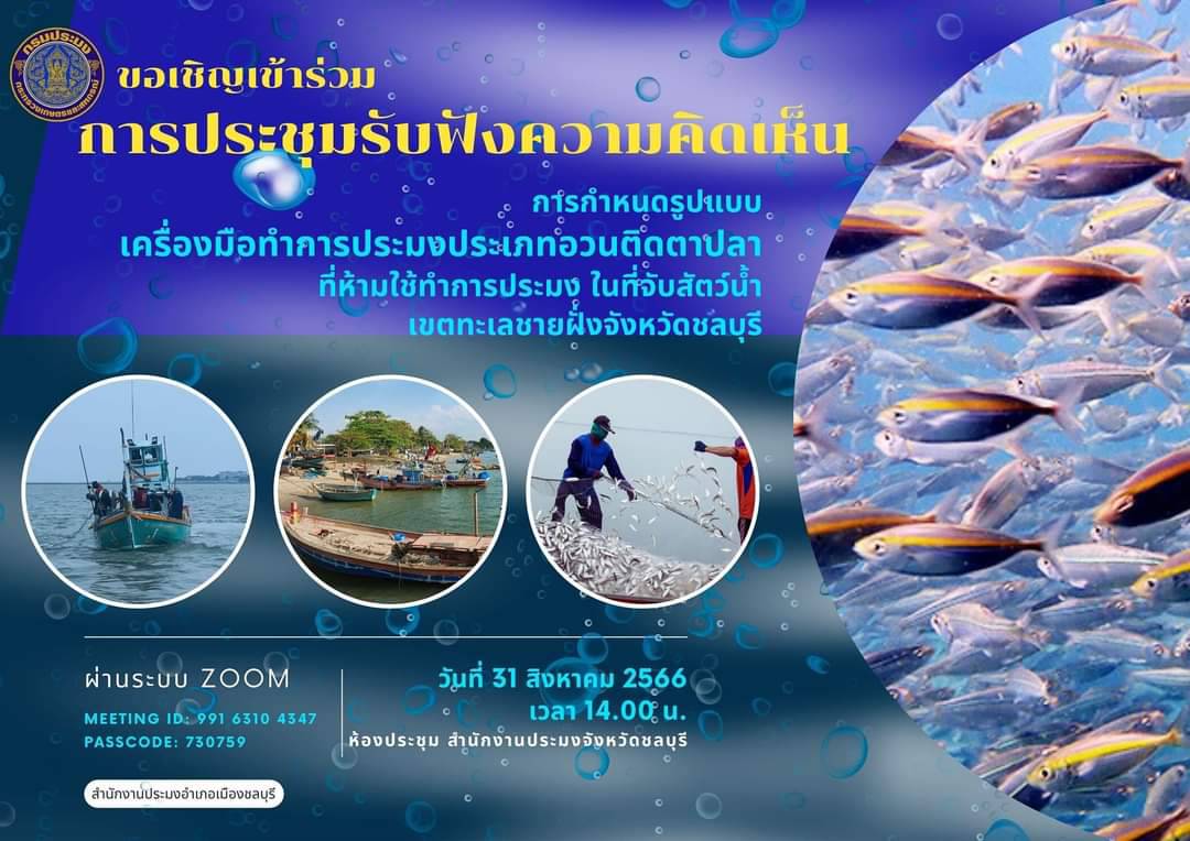ขอเชิญร่วมประชุมรับฟังความคิดเห็นผู้มีส่วนได้เสียในการกำหนดรูปแบบของเครื่องมือทำการประมงประเภทอวนติดตา ในที่จับสัตว์น้ำเขตทะเลชายฝั่ง จังหวัดชลบุรี..คลิก