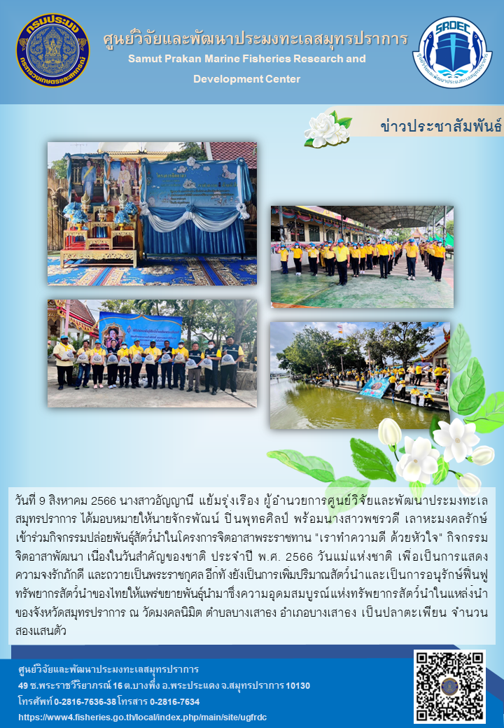 วันที่ 9 สิงหาคม 2566 นางสาวอัญญานี แย้มรุ่งเรือง ผู้อำนวยการศูนย์วิจัยและพัฒนาประมงทะเลสมุทรปราการ ได้มอบหมายให้นายจักรพัณน์ ปิ่นพุทธศิลป์ พร้อมนางสาวพชรวดี เลาหะมงคลรักษ์ เข้าร่วมกิจกรรมปล่อยพันธุ์สัตว์น้ำในโครงการจิตอาสาพระราชทาน “เราทำความดี ด้วยหัวใจ” กิจกรรมจิตอาสาพัฒนา เนื่องในวันสำคัญของชาติ ประจำปี พ.ศ. 2566 วันแม่แห่งชาติ เพื่อเป็นการแสดงความจงรักภัคดี และถวายเป็นพระราชกุศล อีกทั้งยังเป็นการเพิ่มปริมาณสัตว์น้ำและเป็นการอนุรักษ์ฟื้นฟูทรัพยากรสัตว์น้ำของไทยให้แพร่ขยายพันธุ์น้ำมาซึ่งความอุดมสมบูรณ์แห่งทรัพยากรสัตว์น้ำในแหล่งน้ำของจังหวัดสมุทรปราการ ณ วัดมงคลนิมิต ตำบลบางเสาธง อำเภอบางเสาธง เป็นปลาตะเพียน จำนวนสองแสนตัว..คลิก