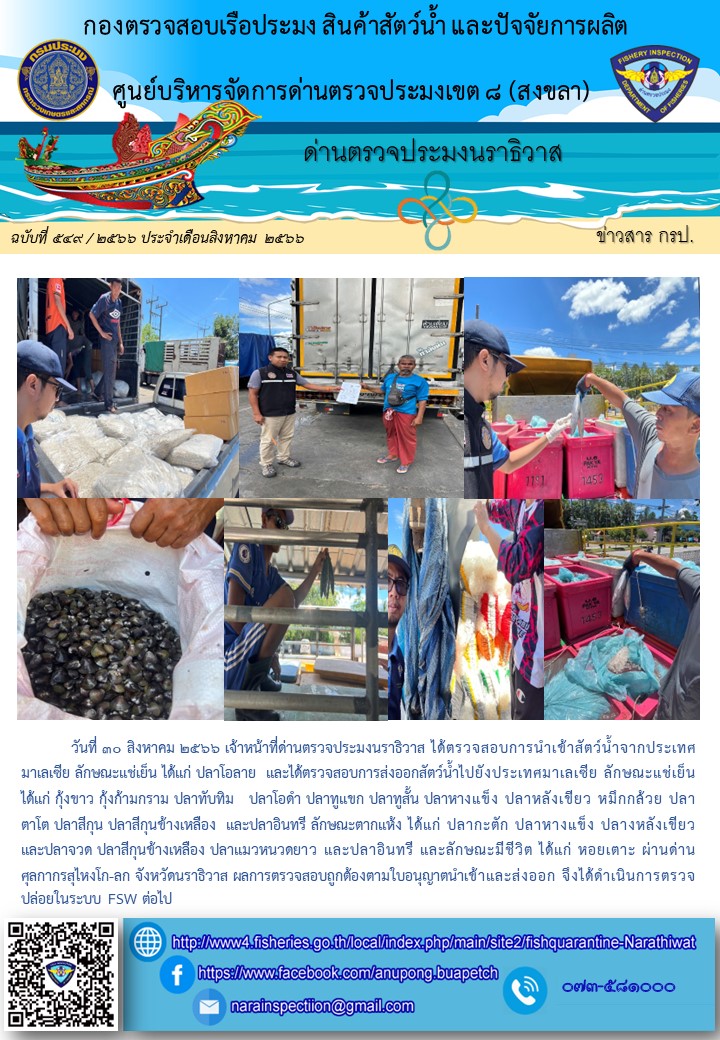 ประชาสัมพันธ์ด่านตรวจประมงนราธิวาส ประจำวันที่ 30 สิงหาคม 2566..คลิก