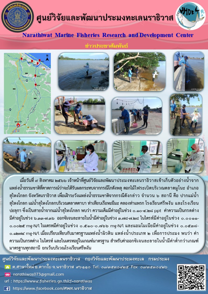 เมื่อวันที่ 9 สิงหาคม 2566 เจ้าหน้าที่ศูนย์วิจัยและพัฒนาประมงทะเลนราธิวาสเข้าเก็บตัวอย่างน้ำจากแหล่งน้ำธรรมชาติที่คาดการณ์ว่าจะได้รับผลกระทบจากกรณีโกดังพลุ ดอกไม้ไฟระเบิดบริเวณตลาดมูโน๊ะ อำเภอสุไหงโกลก แม่น้ำสุไหงโกลก บริเวณตลาดตาบา ท่าเทียบเรือหะยีมะ คลองท่าแพรก โรงเรียนศรีพงัน และโรงเรียนปะลุกา ซึ่งเป็นสายน้ำจากแม่น้ำสุไหงโกลก พบว่า ความเค็มมีค่าอยู่ในช่วง 0.10-4.28 ppt ค่าความเป็นกรดด่างมีค่าอยู่ในช่วง 6.33-7.36 ออกซิเจนละลายในน้ำมีค่าอยู่ในช่วง 3.78-7.28 ไนโตรเจนมีค่าอยู่ในช่วง 0.0011-0.0025 mg-N/l ไนเตรทมีค่าอยู่ในช่วง 0.510-0.766 mg-N/l และแอมโมเนียมีค่าอยู่ในช่วง 0.0538-0.1274 mg-N/l เมื่อเปรียบเทียบกับมาตรฐานแหล่งน้ำผิวดิน แหล่งน้ำประเภท 2 เพื่อการประมง พบว่า ค่าความเป็นกรดด่าง ไนไตรท์ และไนเตรทอยู่ในเกณฑ์มาตรฐาน สำหรับค่าออกซิเจนละลายในน้ำมีค่าต่ำกว่าเกณฑ์มาตรฐานทุกสถานี ยกเว้นบริเวณโรงเรียนศรีพงัน..คลิก
