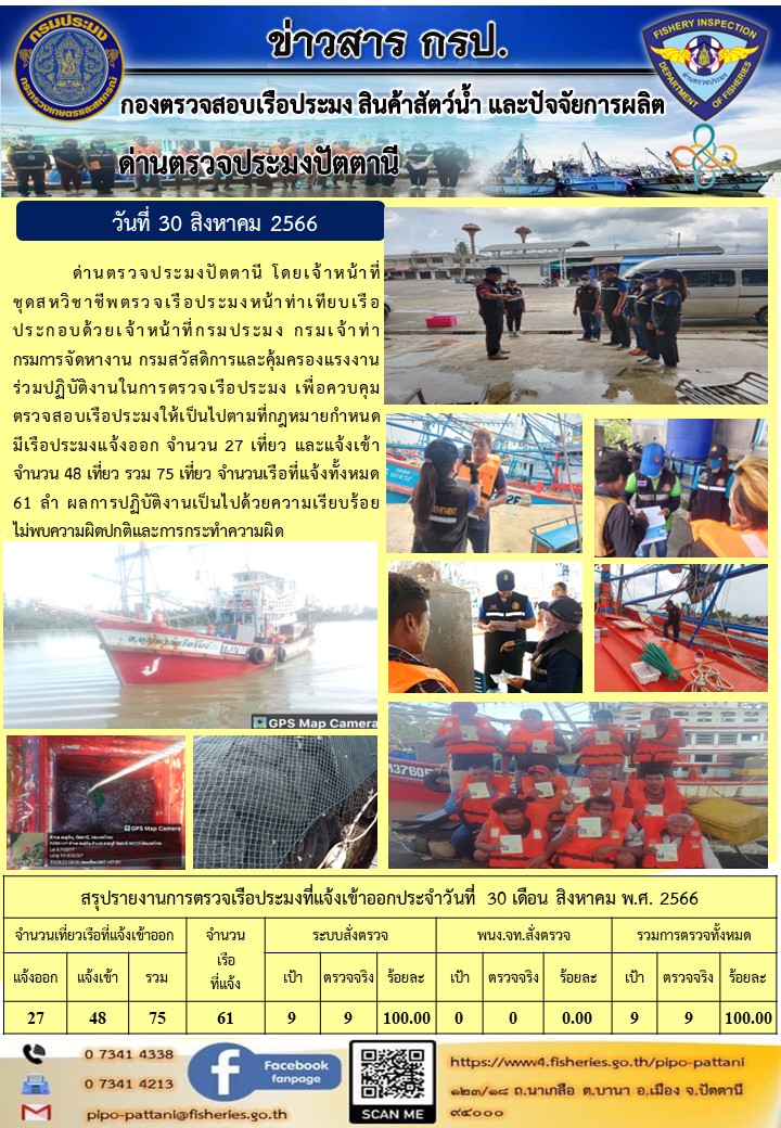ข่าวสารการปฏิบัติงาน ด่านตรวจประมงปัตตานี วันที่ 30 สิงหาคม 2566..คลิก