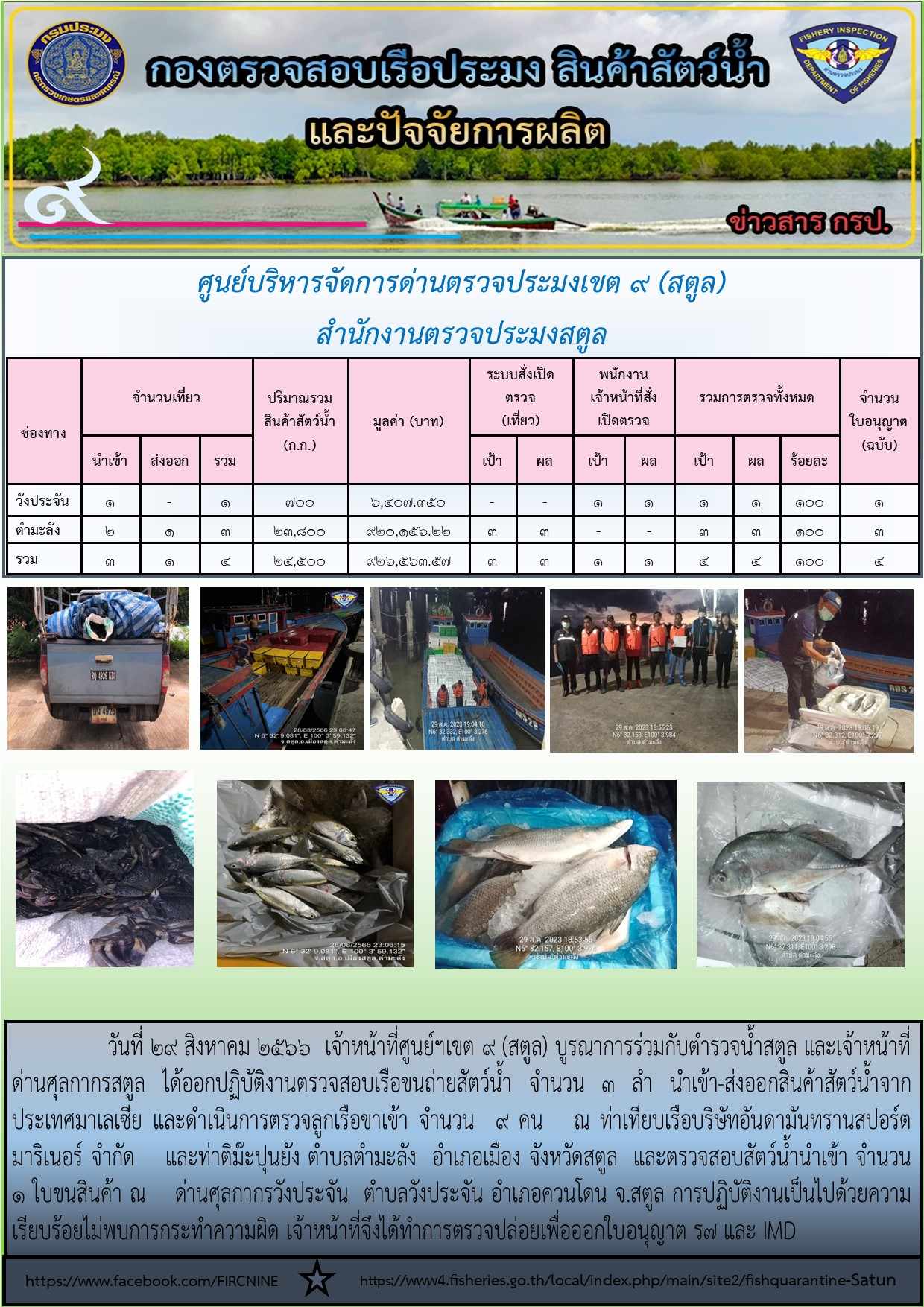 ประชาสัมพันธ์การปฏิบัติงานศูนย์บริหารจัดการด่านตรวจประมงเขต 9 (สตูล) ประจำวันที่ 26-31 สิงหาคม 2566