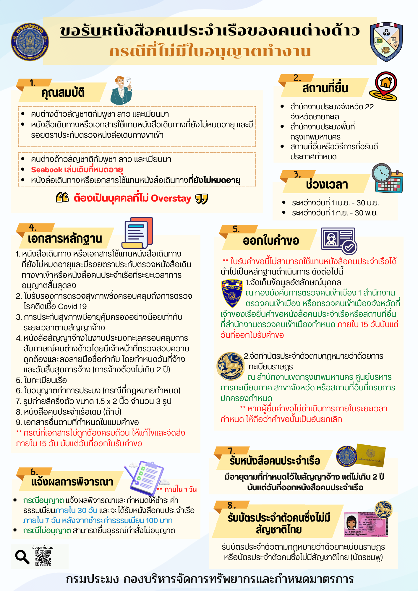 การเปิดรับคำขอหนังสือคนประจำเรือสำหรับคนต่างด้าว กรณีที่ไม่มีใบอนุญาตทำงาน (Seabook เล่มสีเหลือง) ระหว่างวันที่ 1 กันยายน - 30 พฤศจิกายน 2566..คลิก